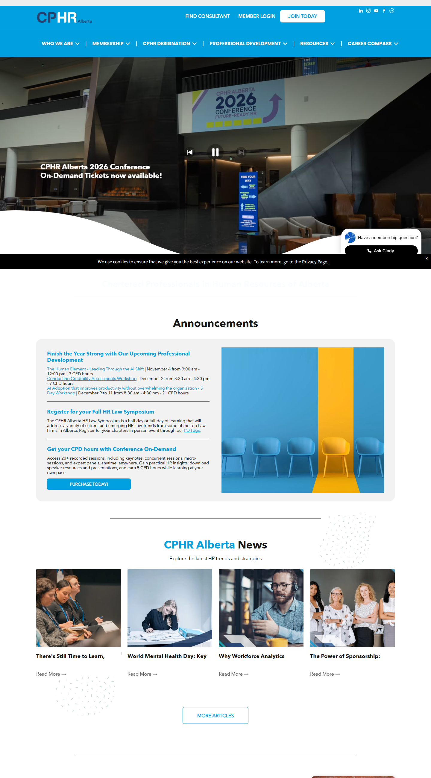 The redesigned CPHR Alberta website homepage