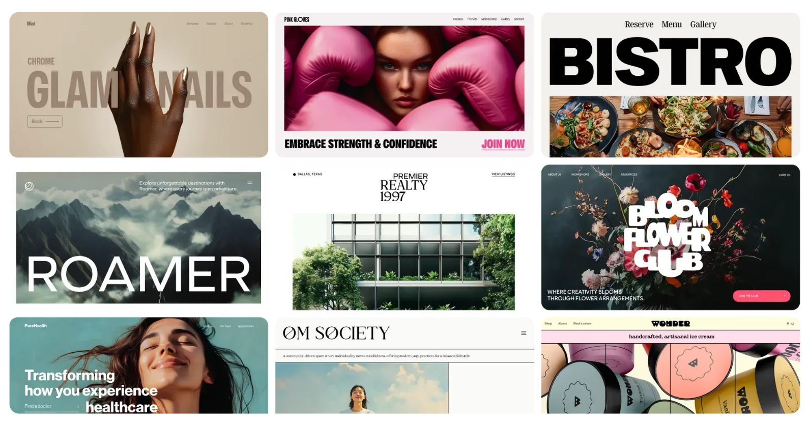 Concept website designs for a nail studio, a bistro, a real estate agent and more