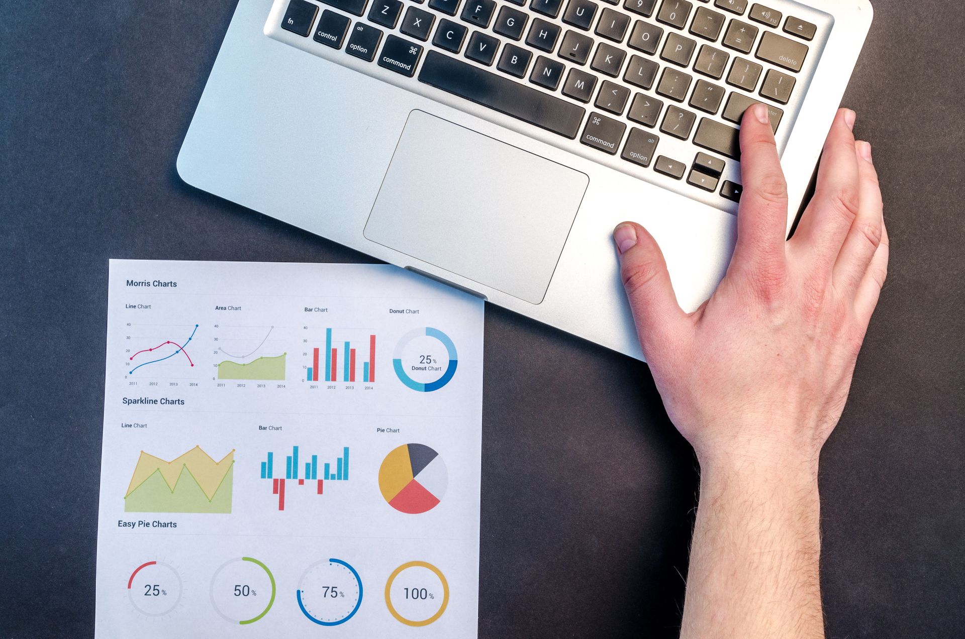 A hand resting on a laptop keyboard beside a printed sheet of colourful charts